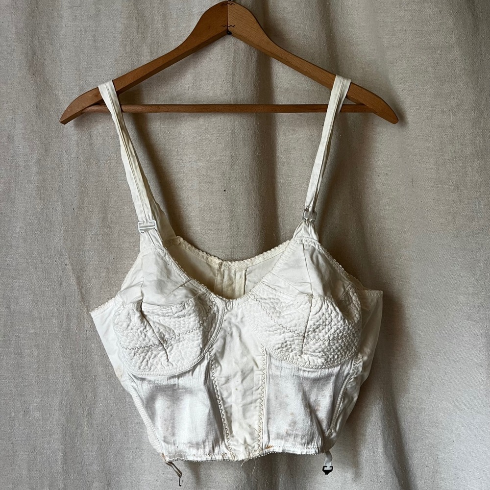 Vintage Glamorise 42B Longline Bra Bustier Cotton White Corset Pinup Lingerie